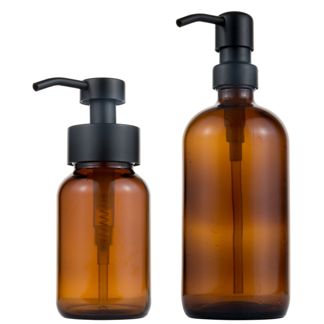 LA67 Amber Glass Bottle Soap Dispenser With Black Lotion Soap Pump